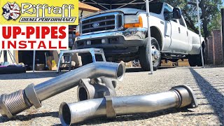 2001 F350 73  RiffRaff UpPipes Install  Stock up pipes leaking and falling apart JUNK SP [upl. by Ennairod755]