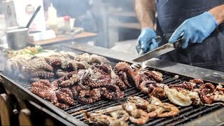 Huge Grill of Octopus Seafood Fish and More Sardinia Street Food Fair Olbia Italy [upl. by Jollenta]